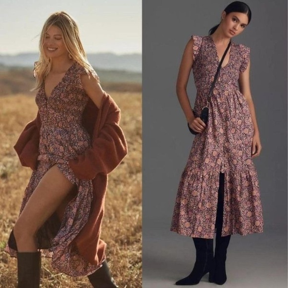 Anthropologie Peregrine Smocked Ruffle Midi Dress NWT Petite Medium - Picture 6 of 6